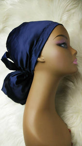 Ponytail Navy Blue  Satin SCRUB HAT CAP, nursing caps,  Pony hat for long hair, locs, braids