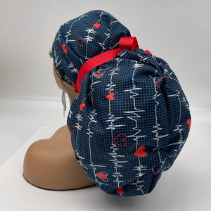 2XL JUMBO PONY Scrub Cap, EKG  cotton fabric surgical nursing hat and satin lining option for Extra long/thick Hair/Locs