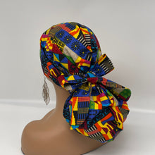 Load image into Gallery viewer, Ponytail All New Flattery Back Pony Hair Cover scrub Hat for long Hair, Braids, Locs. Ankara cotton African print fabric with satin lining