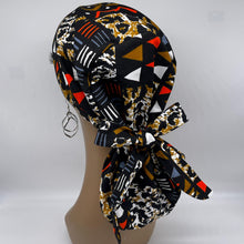 Load image into Gallery viewer, Ponytail hat PONY SCRUB CAP, yellow black brown orange surgical scrub hat nursing caps and satin lining option for locs, braid, long hair