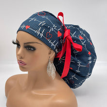 Load image into Gallery viewer, 2XL JUMBO PONY Scrub Cap, EKG  cotton fabric surgical nursing hat and satin lining option for Extra long/thick Hair/Locs
