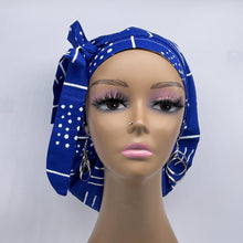 Load image into Gallery viewer, Ponytail hat PONY SCRUB CAP, royal blue white tribal surgical scrub hat pony nursing caps and satin lining option for locs, braid, long hair