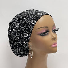 Load image into Gallery viewer, Niceroy Satin Lined Surgical SCRUB CAP black white floral Europe style nursing caps cotton fabric and .