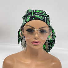 Load image into Gallery viewer, 2XL JUMBO PONY SCRUB Cap, Black/Green glow in the dark cotton fabric surgical nursing hat satin for Extra long/thick Hair/Locs