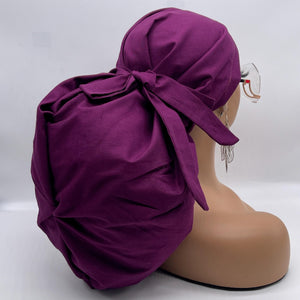 2XL JUMBO PONY SCRUB Cap solid Burgundy magenta cotton fabric surgical nursing hat satin option for Extra long/thick Hair/Locs