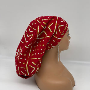 Ponytail PONY SCRUB CAP, Red cream White Ankara cotton fabric surgical scrub hat pony nursing caps, satin lining option for locs/Long Hair