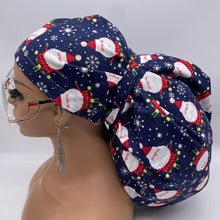 Load image into Gallery viewer, Christmas 2XL JUMBO PONY surgical nursing hat Navy Blue Santa cap satin lining option for Extra long/thick Hair Locs and braids