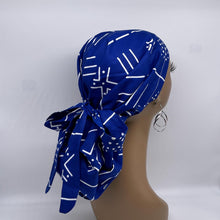 Load image into Gallery viewer, Ponytail hat PONY SCRUB CAP, royal blue white tribal surgical scrub hat pony nursing caps and satin lining option for locs, braid, long hair