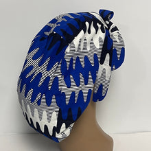 Load image into Gallery viewer, Ponytail Satin Lined PONY SCRUB CAP, Navy White Royal Blue Ankara  fabric surgical scrub hat  nursing caps for locs/Long Hair