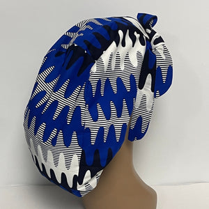 Ponytail Satin Lined PONY SCRUB CAP, Navy White Royal Blue Ankara  fabric surgical scrub hat  nursing caps for locs/Long Hair