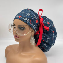 Load image into Gallery viewer, 2XL JUMBO PONY Scrub Cap, EKG  cotton fabric surgical nursing hat and satin lining option for Extra long/thick Hair/Locs