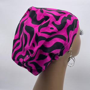 Niceroy Surgical SCRUB CAP hot pink magenta black Ankara Europe style nursing caps cotton African print fabric and satin lining option.