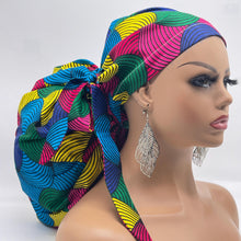 Load image into Gallery viewer, 2XL JUMBO PONY Scrub Cap, pink blue yellow green multicolored surgical nursing hat and satin lining option for Extra long/thick Hair/Locs