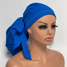 Load image into Gallery viewer, 2XL JUMBO PONY SCRUB Cap, Solid Royal Blue cotton fabric surgical nursing hat satin lining option for Extra long/thick Hair/Locs