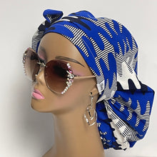 Load image into Gallery viewer, Ponytail Satin Lined PONY SCRUB CAP, Navy White Royal Blue Ankara  fabric surgical scrub hat  nursing caps for locs/Long Hair