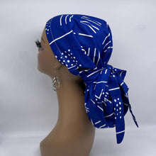 Load image into Gallery viewer, Ponytail hat PONY SCRUB CAP, royal blue white tribal surgical scrub hat pony nursing caps and satin lining option for locs, braid, long hair