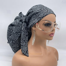 Load image into Gallery viewer, 2XL JUMBO PONY SCRUB Cap, Black Gray cotton fabric surgical nursing hat satin lining option for Extra long/thick Hair/Locs