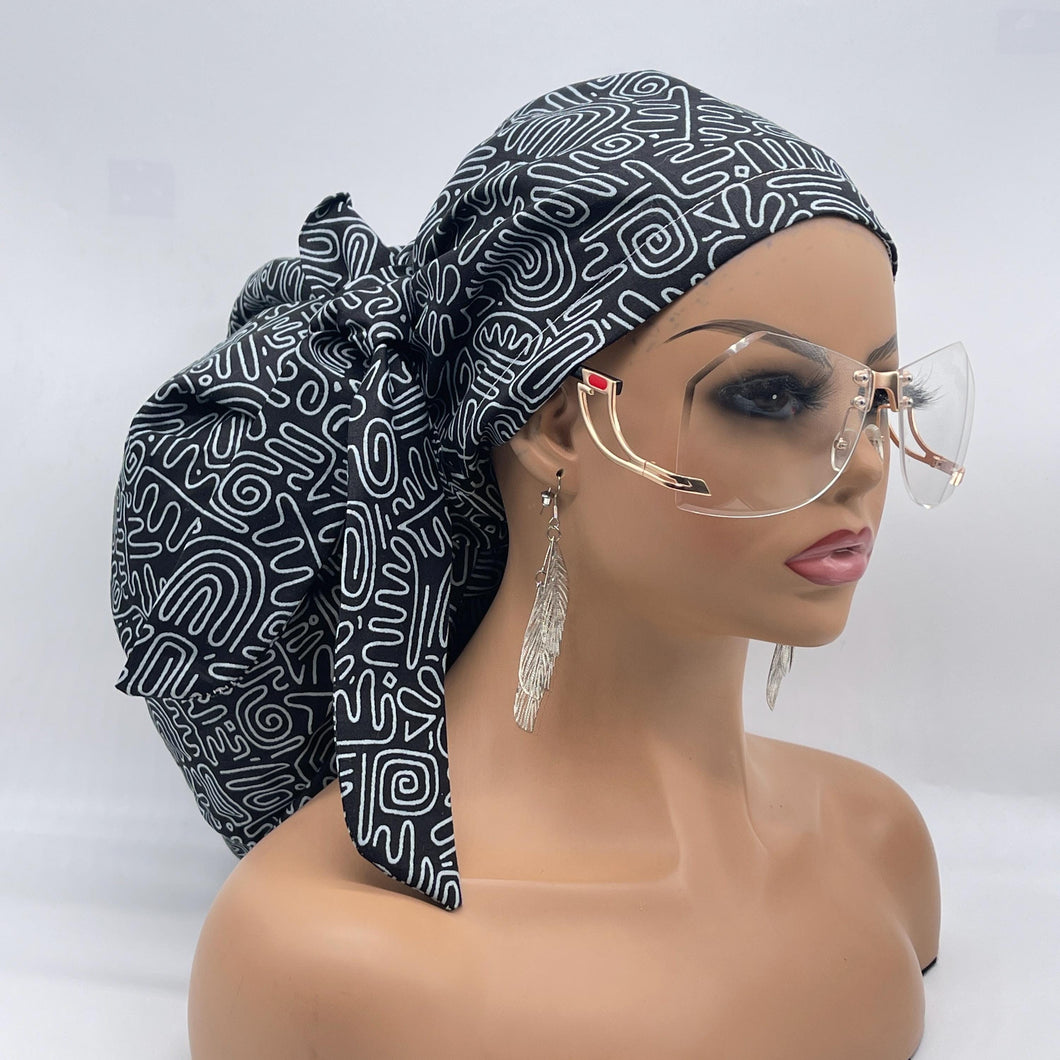 2XL JUMBO PONY SCRUB Cap, Black Gray cotton fabric surgical nursing hat satin lining option for Extra long/thick Hair/Locs