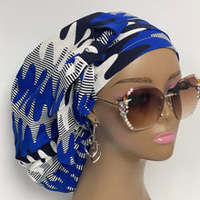 Load image into Gallery viewer, Ponytail Satin Lined PONY SCRUB CAP, Navy White Royal Blue Ankara  fabric surgical scrub hat  nursing caps for locs/Long Hair