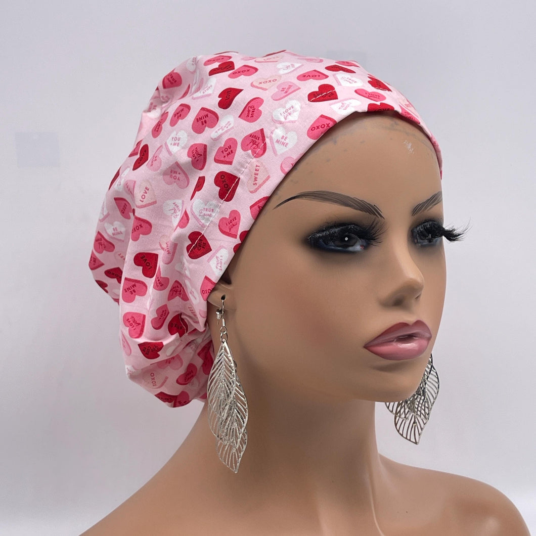 Niceroy Satin Lined VALENTINE EUROPE Style Adjustable SCRUB Cap nursing hats, Love Heart Cotton print fabrics and  Euro style caps