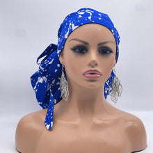 Load image into Gallery viewer, 2XL JUMBO PONY Scrub Cap, Royal blue and white surgical nursing hat and satin lining option for Extra long/thick Hair/Locs