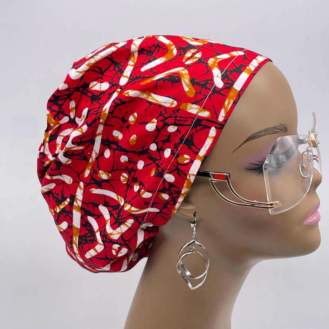 Niceroy SCRUB HAT CAP, Red black cream tribal Euro style nursing caps, healthcare hats protective hair covers, nurse gift