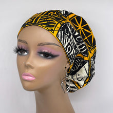 Load image into Gallery viewer, Niceroy Surgical SCRUB CAP cream yellow black Ankara Europe style nursing caps African print fabric and satin lining option.
