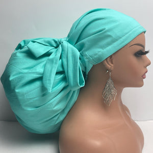 2XL JUMBO PONY SCRUB light teal solid cotton fabric surgical nursing hat satin lining option for Extra long/thick Hair/Locs