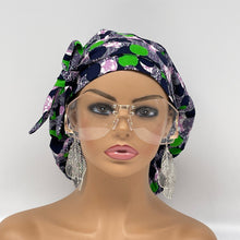 Load image into Gallery viewer, Adjustable Satin Lined PONY SCRUB CAP, Green Purple Black Ankara cotton fabric surgical scrub hat ponytail nursing caps for locs/Long Hair