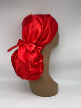 Load image into Gallery viewer, Niceroy Satin Lined Ponytail Red  Satin SCRUB HAT CAP, Bonnet, nursing caps,  Pony hat for long hair, locs, braids, medical scrub cap