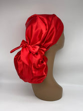 Load image into Gallery viewer, Niceroy Satin Lined Ponytail Red  Satin SCRUB HAT CAP, Bonnet, nursing caps,  Pony hat for long hair, locs, braids, medical scrub cap