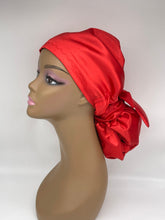 Load image into Gallery viewer, Niceroy Satin Lined Ponytail Red  Satin SCRUB HAT CAP, Bonnet, nursing caps,  Pony hat for long hair, locs, braids, medical scrub cap