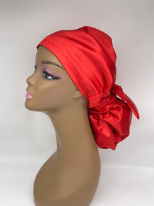 Niceroy Satin Lined Ponytail Red  Satin SCRUB HAT CAP, Bonnet, nursing caps,  Pony hat for long hair, locs, braids, medical scrub cap