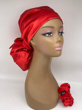 Load image into Gallery viewer, Niceroy Satin Lined Ponytail Red  Satin SCRUB HAT CAP, Bonnet, nursing caps,  Pony hat for long hair, locs, braids, medical scrub cap