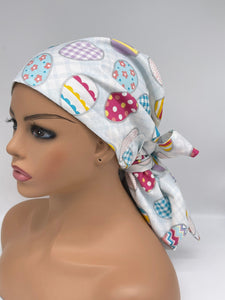 Niceroy Satin Lined Ponytail  PONY SCRUB CAP, Easter fabric surgical scrub hat nursing caps with satin lining for locs /Long Hair, Easter nurse Gift