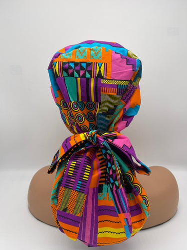 Niceroy Satin Lined Ponytail  Ankara PONY SCRUB CAP, Kente cotton fabric surgical scrub hat pony nursing caps and for locs /Long Hair