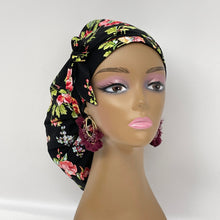 Load image into Gallery viewer, Ponytail All New Flattery Back Pony Hair Cover scrub Hat for long Hair, Braids,Locs. Black Floral cotton print fabric