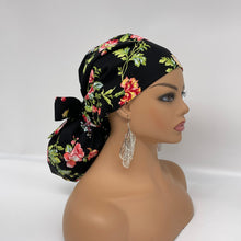 Load image into Gallery viewer, Ponytail All New Flattery Back Pony Hair Cover scrub Hat for long Hair, Braids,Locs. Black Floral cotton print fabric