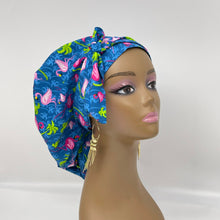 Load image into Gallery viewer, Niceroy Satin Lined Ponytail  PONY SCRUB Cap, Fabric Tradition flamingo cotton fabric surgical scrub hat and for locs /Long Hair.