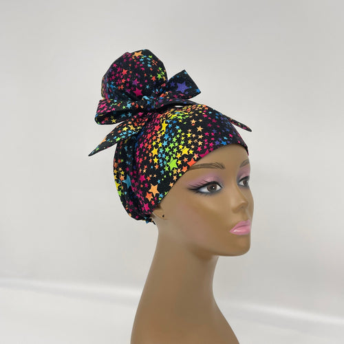 Niceroy Satin Lined Ponytail HIGH BUN rainbow stars scrub cap,  top bun scrub caps, scrub cap for women, surgical cap, nurse scrub cap, bun scrub cap,