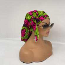 Load image into Gallery viewer, Niceroy Satin Lined Ponytail  PONY SCRUB CAP, black,pink and green cotton fabric surgical scrub hat pony nursing caps, for locs /Long Hair