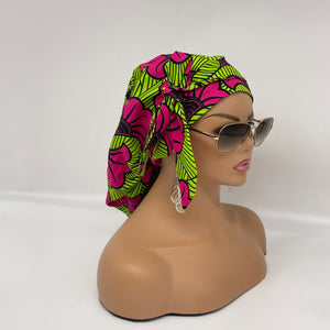 Niceroy Satin Lined Ponytail  PONY SCRUB CAP, black,pink and green cotton fabric surgical scrub hat pony nursing caps, for locs /Long Hair