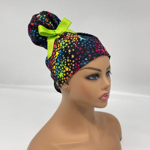 Niceroy Satin Lined Ponytail HIGH BUN rainbow stars scrub cap,  top bun scrub caps, scrub cap for women, surgical cap, nurse scrub cap, bun scrub cap,