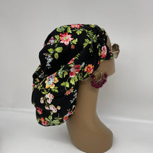 Load image into Gallery viewer, Ponytail All New Flattery Back Pony Hair Cover scrub Hat for long Hair, Braids,Locs. Black Floral cotton print fabric