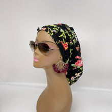 Load image into Gallery viewer, Ponytail All New Flattery Back Pony Hair Cover scrub Hat for long Hair, Braids,Locs. Black Floral cotton print fabric