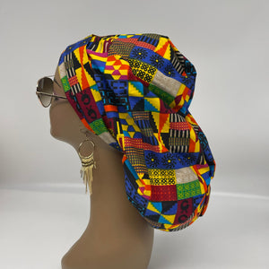 Ponytail All New Flattery Back Pony Hair Cover scrub Hat for long Hair, Braids, Locs. Ankara cotton African print fabric with satin lining