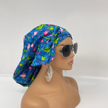 Load image into Gallery viewer, Niceroy Satin Lined Ponytail  PONY SCRUB Cap, Fabric Tradition flamingo cotton fabric surgical scrub hat and for locs /Long Hair.