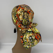 Load image into Gallery viewer, Niceroy Satin Lined Ponytail PONY SCRUB HAT, surgical Cap orange Gold shiny metallic Ankara nursing caps cotton fabric and for Long Hair