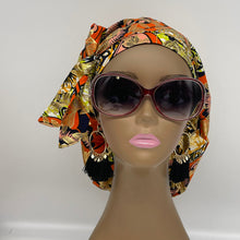 Load image into Gallery viewer, Niceroy Satin Lined Ponytail PONY SCRUB HAT, surgical Cap orange Gold shiny metallic Ankara nursing caps cotton fabric and for Long Hair