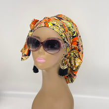 Load image into Gallery viewer, Niceroy Satin Lined Ponytail PONY SCRUB HAT, surgical Cap orange Gold shiny metallic Ankara nursing caps cotton fabric and for Long Hair